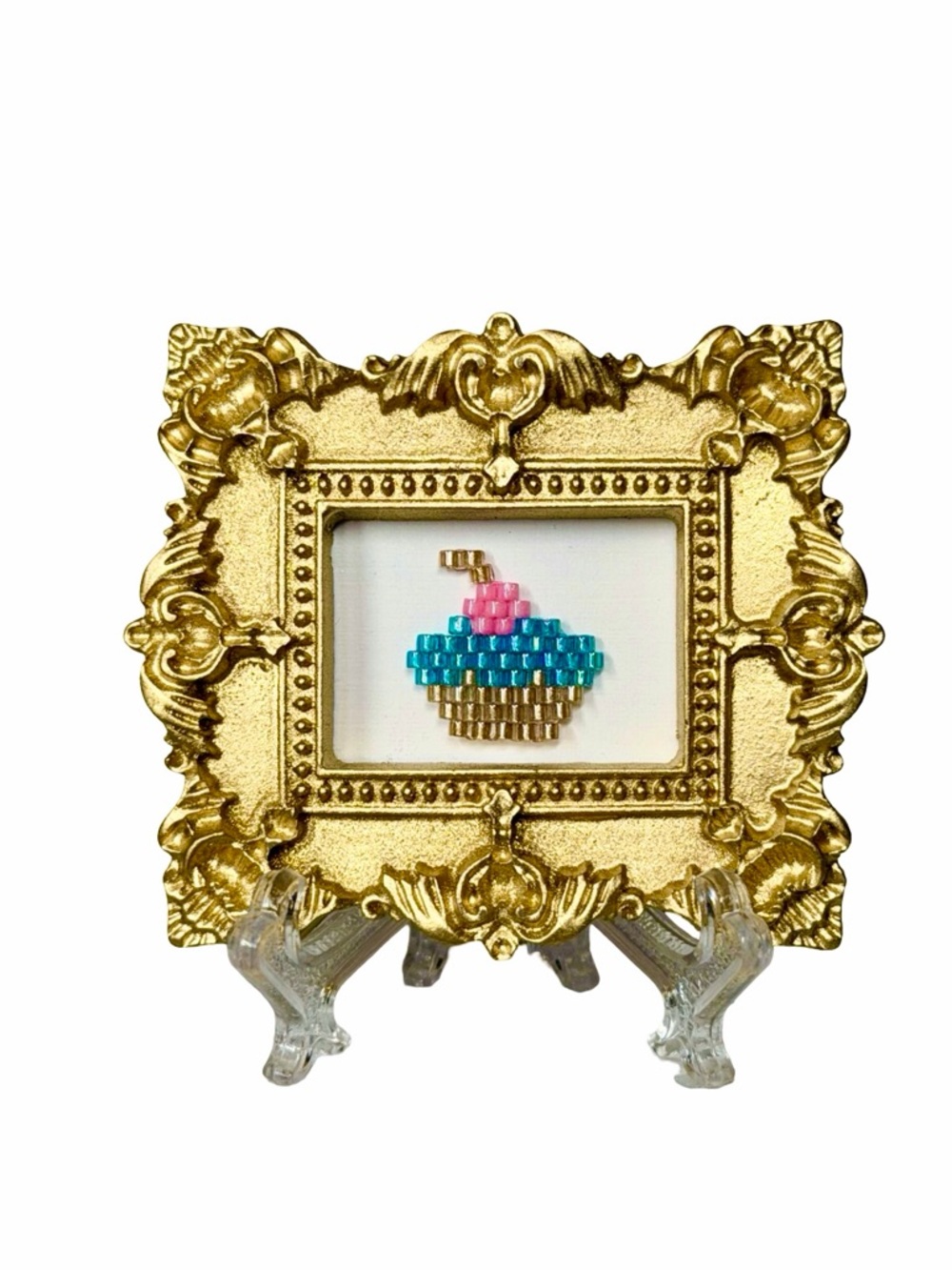 Mini Beaded Cupcake Art in Ornate Gold Frame - Picture 3 of 4